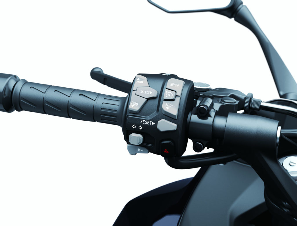 The Cruise Control buttons on a 2020 Kawasaki Ninja 1000SX. Photo courtesy of Kawasaki.