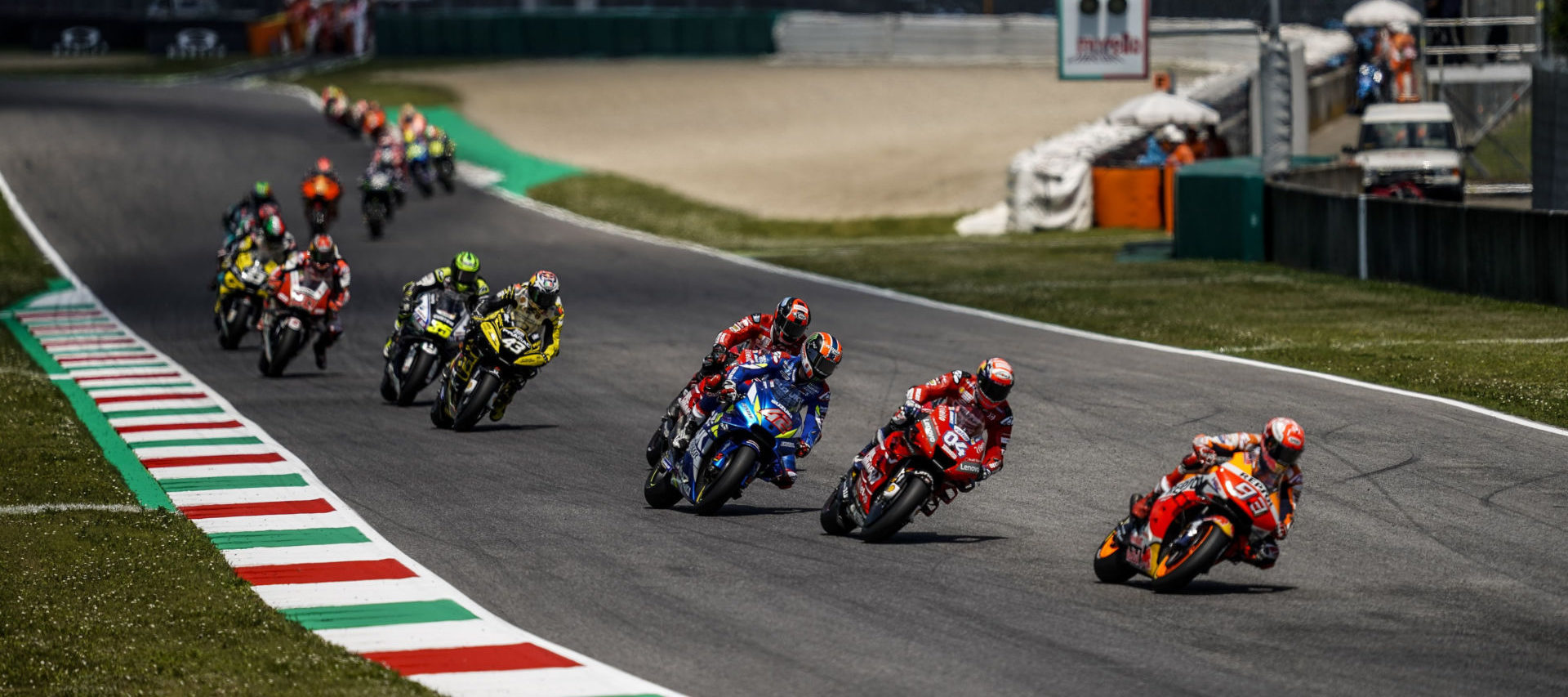 Marc Marquez 93) leading the MotoGP race at Mugello in 2019. Photo courtesy of Dorna.