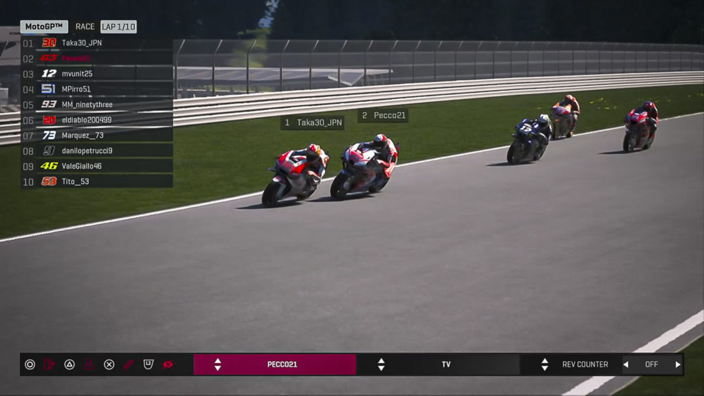 Takaaki Nakagama (30) leads Francesco Bagnaia (63), Maverick Vinales (12), Michele Pirro (51), and Marc Marquez (93) during MotoGP Virtual Race Two at Red Bull Ring. Image courtesy of Dorna/www.motogp.com.