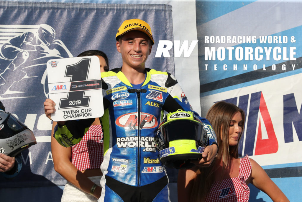 Alex Dumas with his MotoAmerica Twins Cup #1 plate in 2019. Photo by Brian J. Nelson.