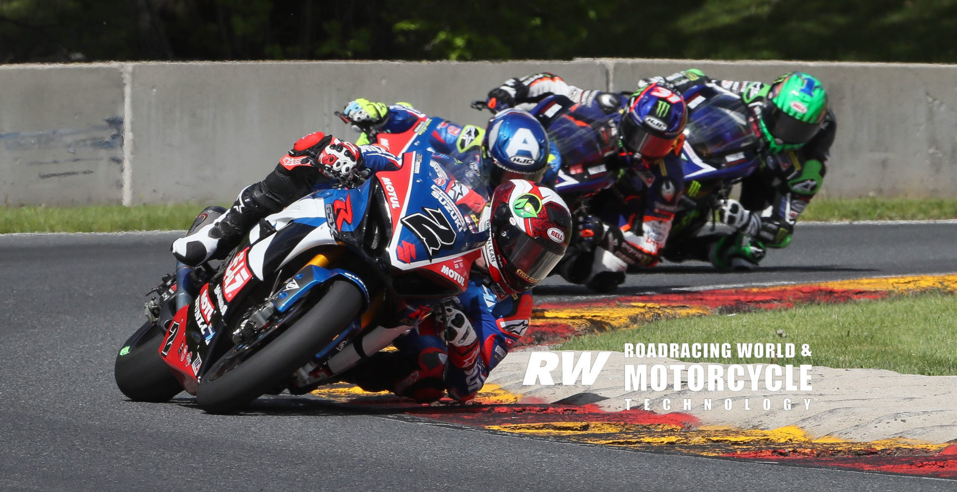 Josh Herrin (2) leads Toni Elias, Garrett Gerloff (31), and Cameron Beaubier (1) during MotoAmerica Superbike Race Two at Road America in 2019. Photo by Brian J. Nelson.