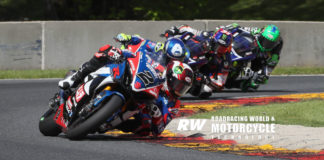 Josh Herrin (2) leads Toni Elias, Garrett Gerloff (31), and Cameron Beaubier (1) during MotoAmerica Superbike Race Two at Road America in 2019. Photo by Brian J. Nelson.