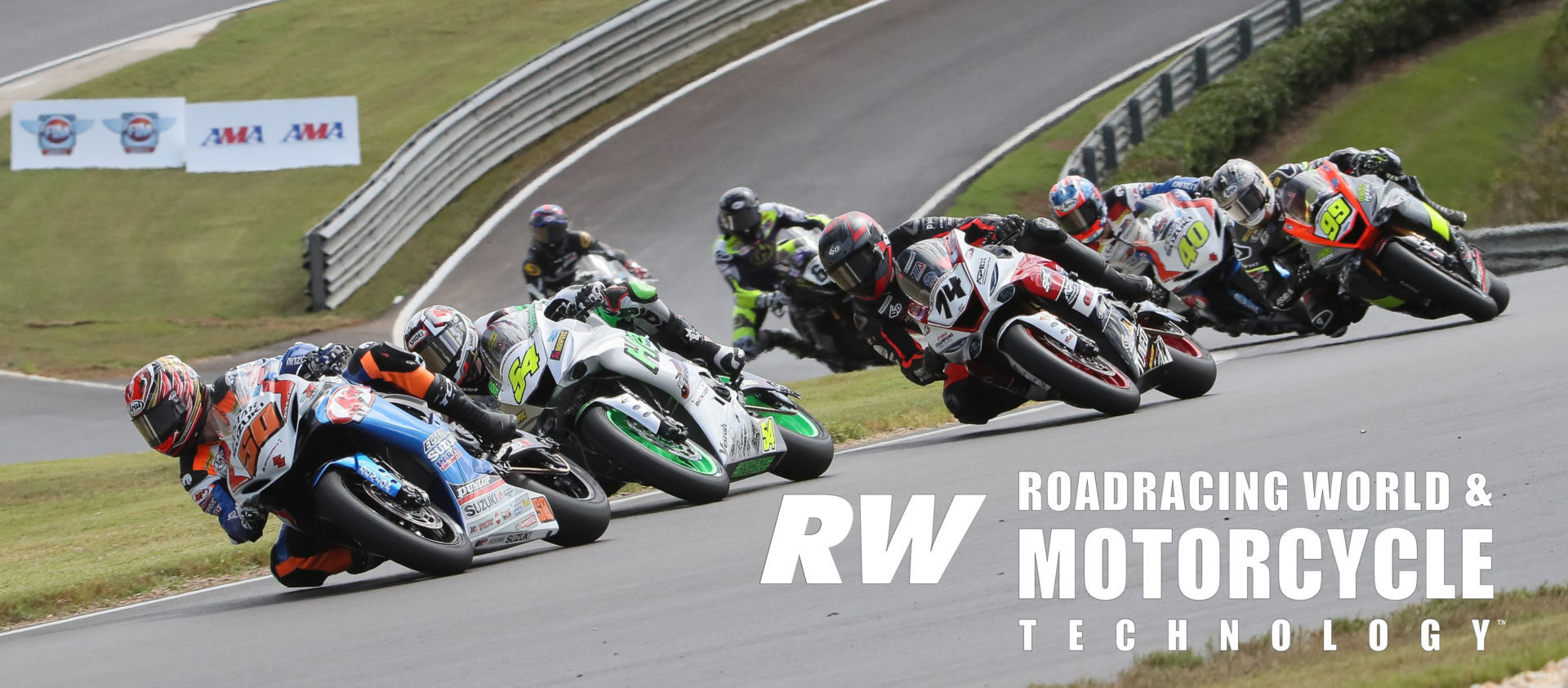 The start of MotoAmerica Supersport Race One at Barber Motorsports Park in 2019. Bobby Fong (50) leads Richie Escalante (54), Bryce Prince (74), PJ Jacobsen (99), Sean Dylan Kelly (40), Hayden Gillim (69), and Cory Ventura. Photo by Brian J. Nelson.