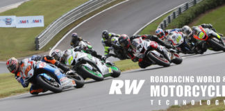 The start of MotoAmerica Supersport Race One at Barber Motorsports Park in 2019. Bobby Fong (50) leads Richie Escalante (54), Bryce Prince (74), PJ Jacobsen (99), Sean Dylan Kelly (40), Hayden Gillim (69), and Cory Ventura. Photo by Brian J. Nelson.