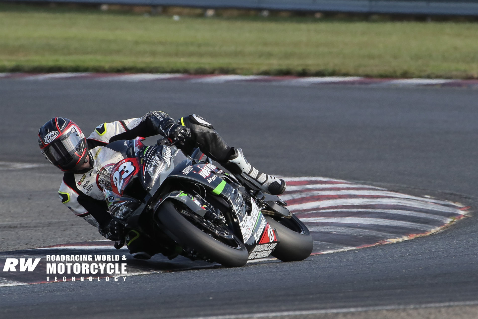 Corey Alexander (23) at speed on his RideHVMC Kawasaki ZX-10R at New Jersey Motorsports Park in 2019. Photo by Brian J. Nelson.