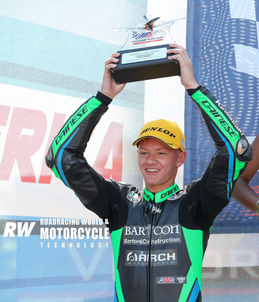 Damian Jigalov on the MotoAmerica Junior Cup podium in 2019. Photo by Brian J. Nelson.
