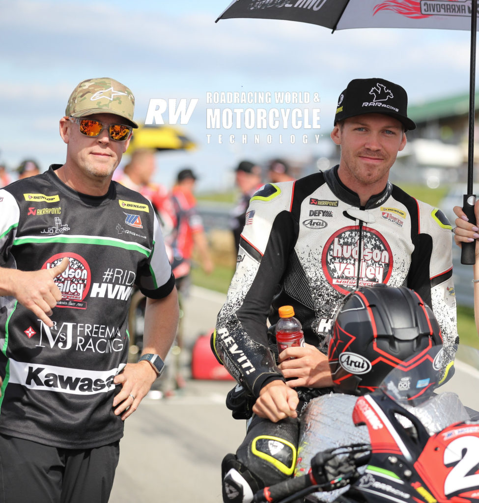 Corey Alexander (right) and his uncle, former AMA Pro 750cc Supersport Champion Richie Alexander on the grid at Pittsburgh International Race Complex in 2019. Photo by Brian J. Nelson.