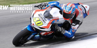 Sean Dylan Kelly (40) at speed on his M4 ECSTAR Suzuki GSX-R600 during the 2019 MotoAmerica Supersport Championship. Photo by Brian J. Nelson.