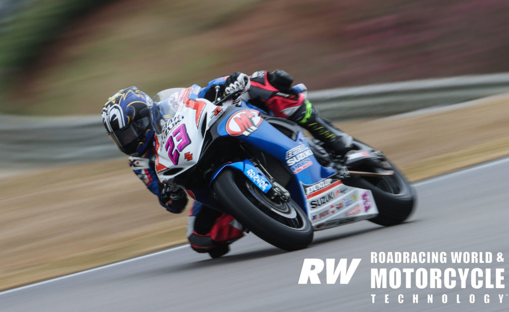 Lucas Silva (23) on a wet track during the 2020 MotoAmerica pre-season test at Barber Motorsports Park. Photo by Brian J. Nelson.