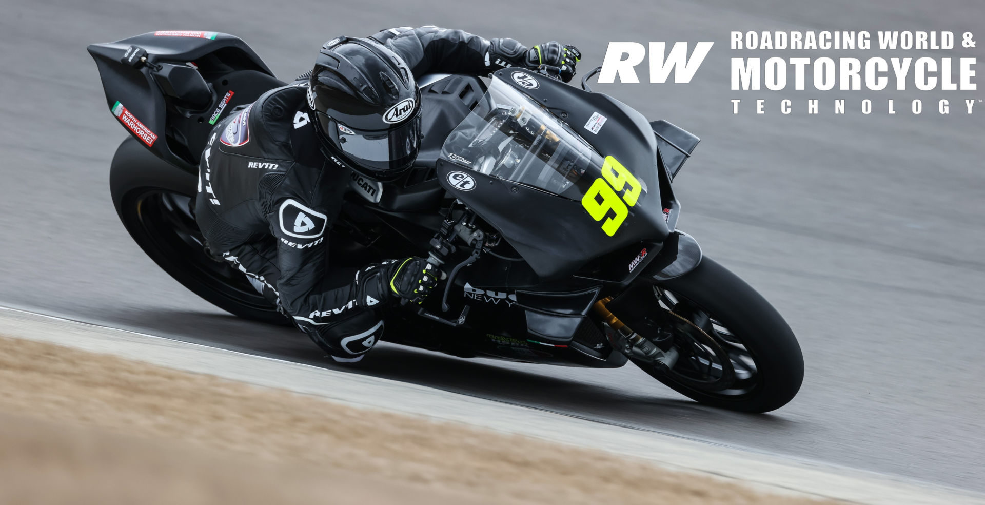 PJ Jacobsen (99) at speed on his new Celtic HSBK Racing Ducati Panigale V4 R racebike during the MotoAmerica test at Barber. Photo by Brian J. Nelson.