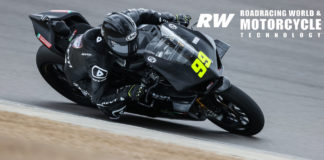 PJ Jacobsen (99) at speed on his new Celtic HSBK Racing Ducati Panigale V4 R racebike during the MotoAmerica test at Barber. Photo by Brian J. Nelson.