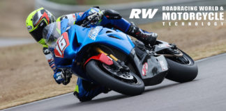 Alex Dumas (16) at speed on his M4 ECSTAR Suzuki GSX-R1000R during the official 2020 MotoAmerica pre-season test at Barber Motorsport Park. Photo by Brian J. Nelson.