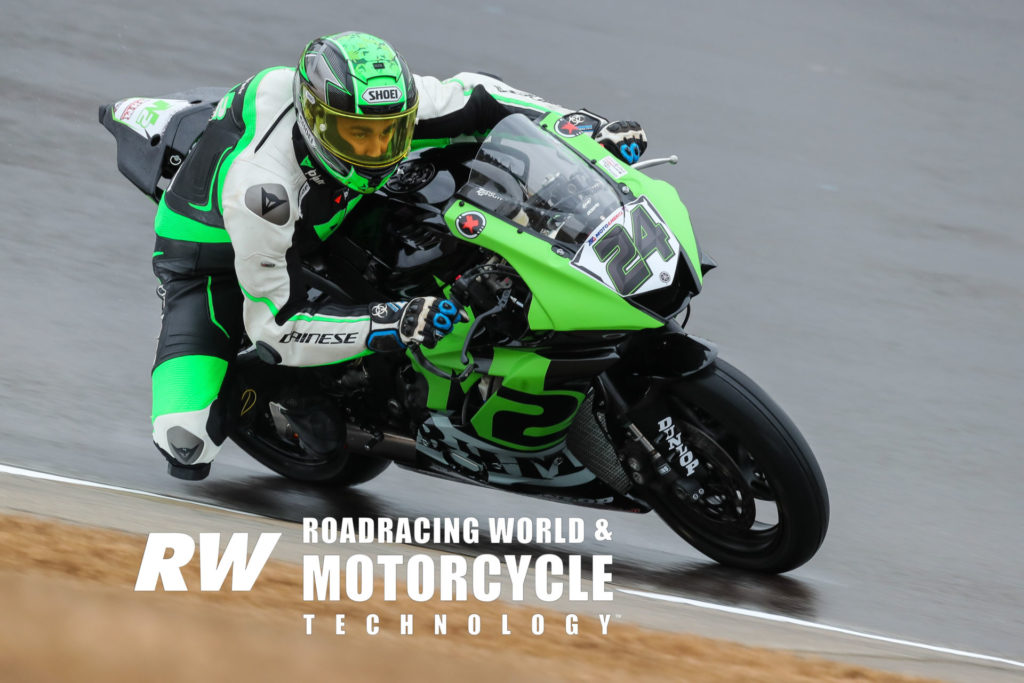 Xavier Zayat (24) at speed on a wet track during the 2020 MotoAmerica pre-season test at Barber Motorsports Park. Photo by Brian J. Nelson.