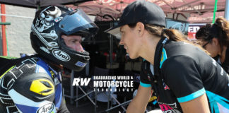 Josh Hayes (left) with his wife, MP13 Racing team owner and MotoAmerica racer Melissa Paris, at New Jersey Motorsports Park in 2019. Photo by Brian J. Nelson.