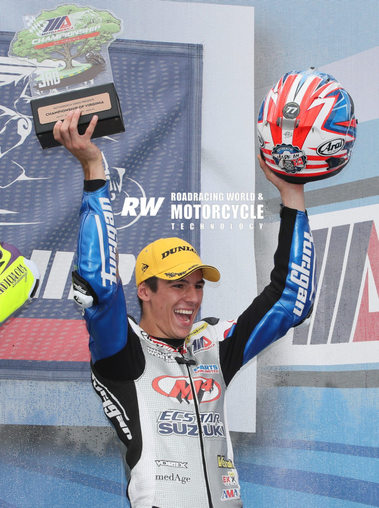 Sean Dylan Kelly on the MotoAmerica Supersport podium at VIRginia International Raceway. Photo by Brian J. Nelson.