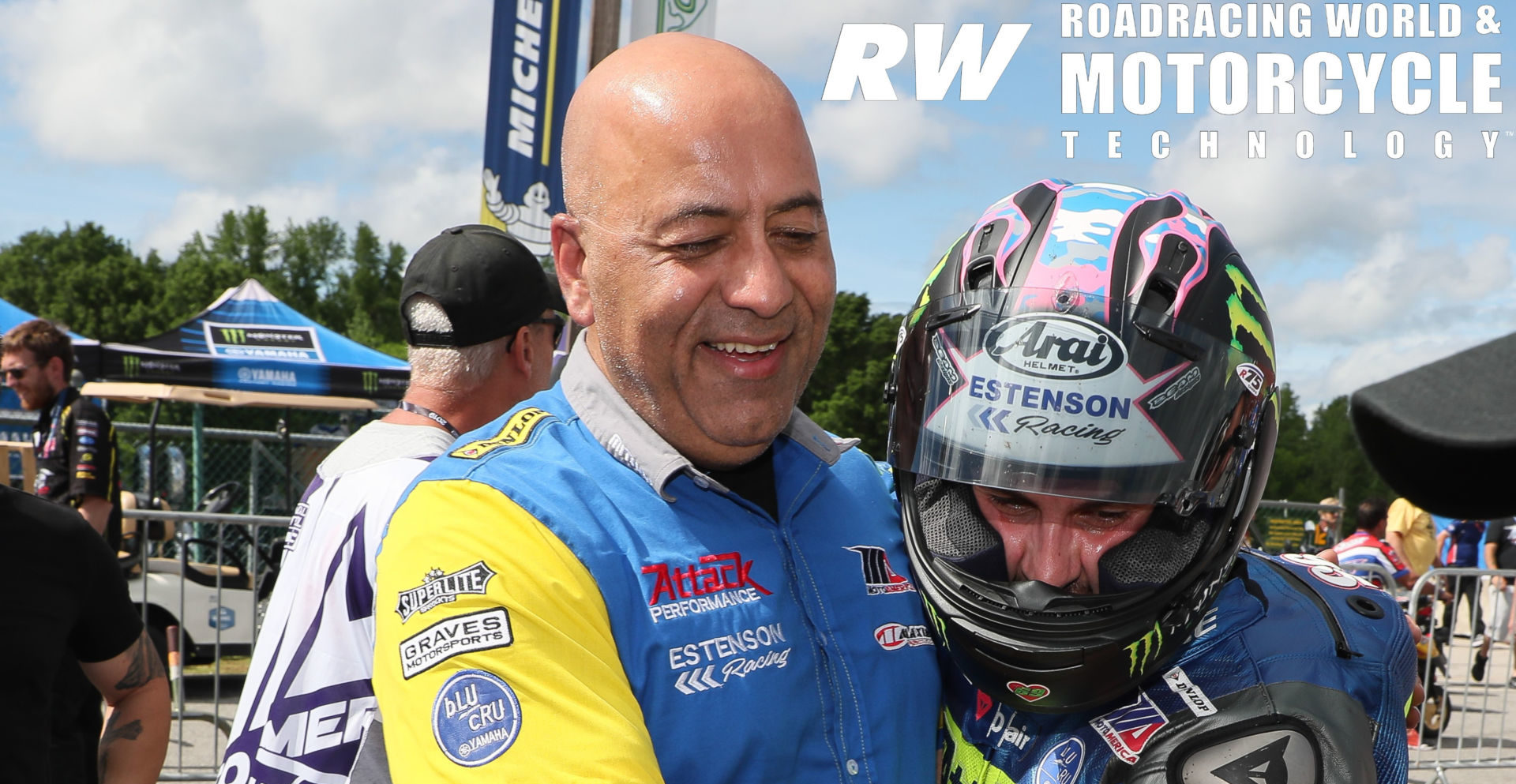 Richard Stanboli (left) with JD Beach (right) at VIRginia International Raceway, after Beach won his career-first MotoAmerica Superbike race. Photo by Brian J. Nelson.