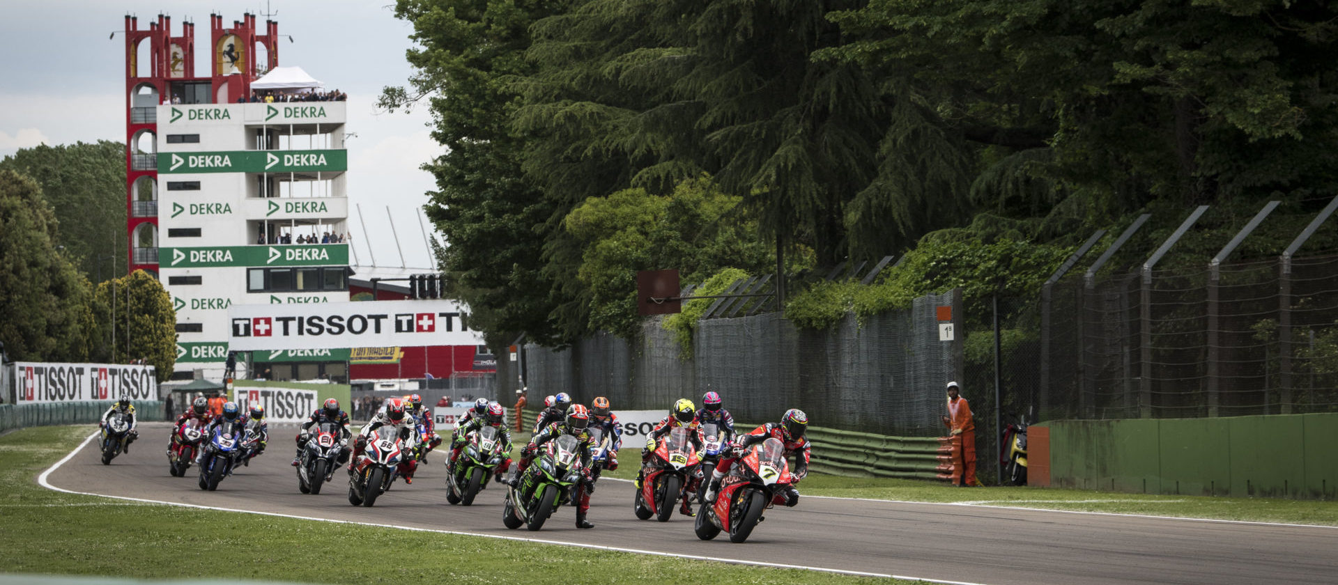 The start of a World Superbike race at Imola in 2019. Photo courtesy of Dorna WorldSBK Press Office.