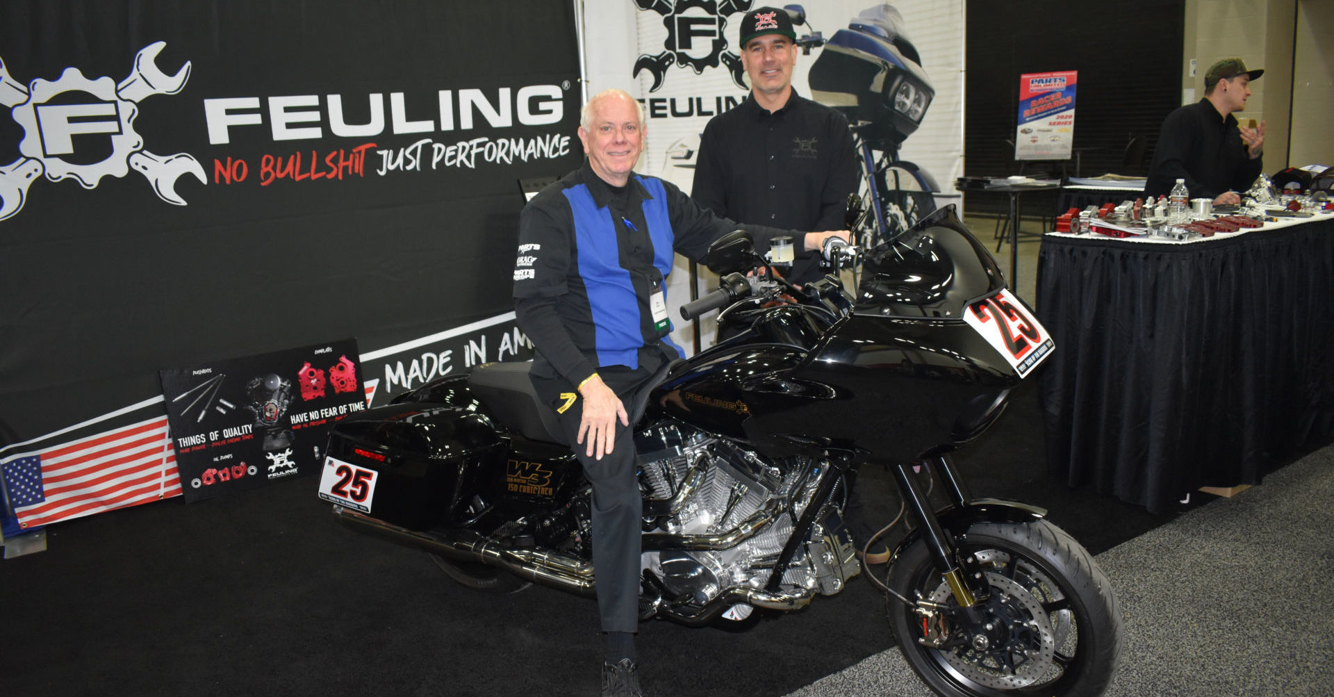 Feuling's Luke Leatherman (right with Don Emde (left), who has been named the Grand Marshal for the Drag Specialties King of the Baggers that will run in conjunction with the MotoAmerica round scheduled for WeatherTech Raceway Laguna Seca, July 10-12. Emde will pace the field on this three-cylinder Feuling W3. Photo courtesy of MotoAmerica.