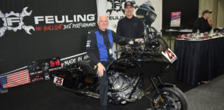 MotoAmerica: Don Emde Named Grand Marshal Of “King Of The Baggers” Feuling's Luke Leatherman (right with Don Emde (left), who has been named the Grand Marshal for the Drag Specialties King of the Baggers that will run in conjunction with the MotoAmerica round scheduled for WeatherTech Raceway Laguna Seca, July 10-12. Emde will pace the field on this three-cylinder Feuling W3. Photo courtesy of MotoAmerica.