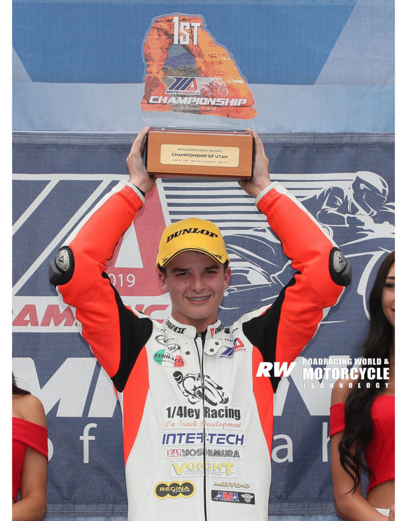 Dallas Daniels, after winning MotoAmerica Junior Cup Race Two at Utah Motorsports Campus in 2019. Photo by Brian J. Nelson.