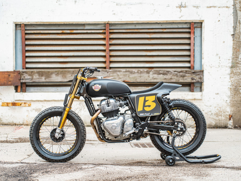 The left side of Melissa Paris' one-off Royal Enfield INT 650 flat tracker. Photo by Brandon LaJoir, courtesy of Royal Enfield North America.