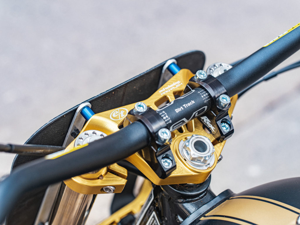 The addition of Ohlins forks necessitated the use of custom triple clamps from Evol Technology on Melissa Paris' one-off Royal Enfield INT 650 flat tracker. Photo by Brandon LaJoir, courtesy of Royal Enfield North America.