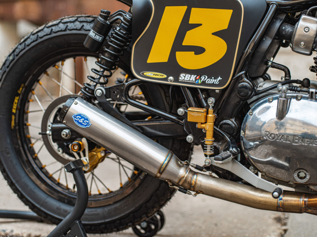 An S&S racing exhaust was added to Paris' one-off Royal Enfield INT 650 flat tracker and matched with an S&S air filter, Dynojet Power Commander and custom dyno tune at Lee's Cycle. Photo by Brandon LaJoie, courtesy of Royal Enfield North America.