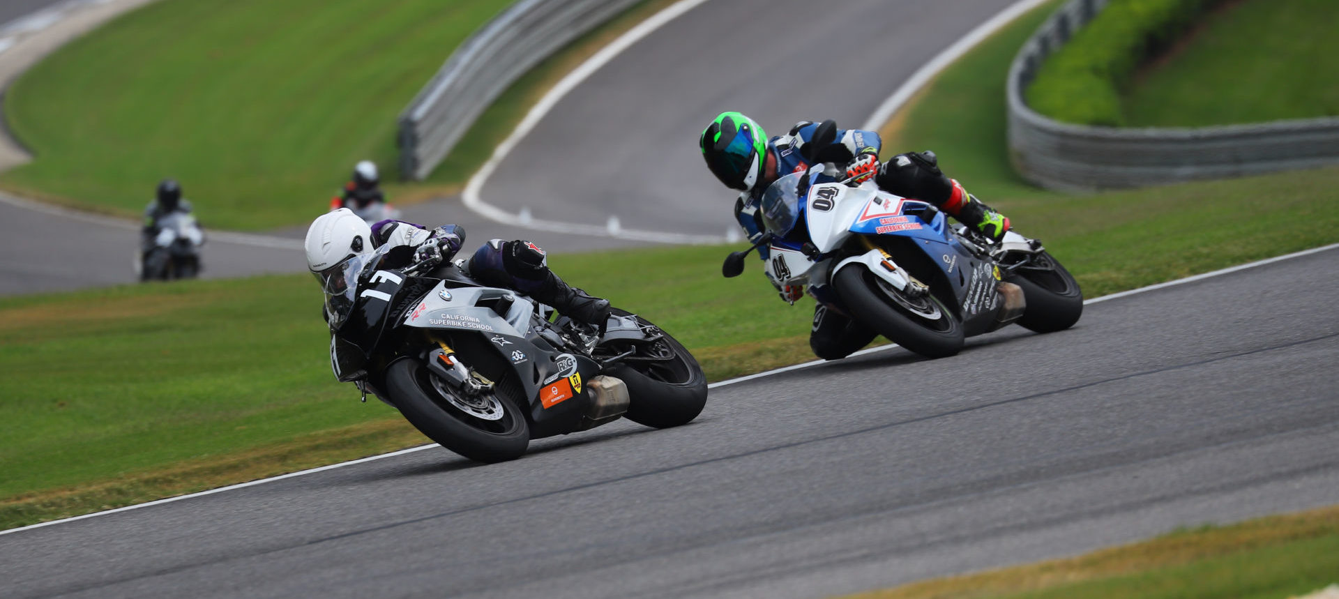 A California Superbike School student (17) and instructor (04) in action at Barber Motorsports Park Photo by etechphoto.com.