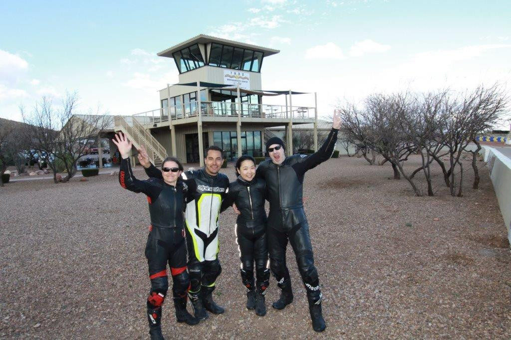 (From left) Melissa Berkoff, Yamaha Champions Riding School instructor Chris Peris, Hiyori Yoshida, and Sam Fleming at Inde Motorsports Park, in Arizona.