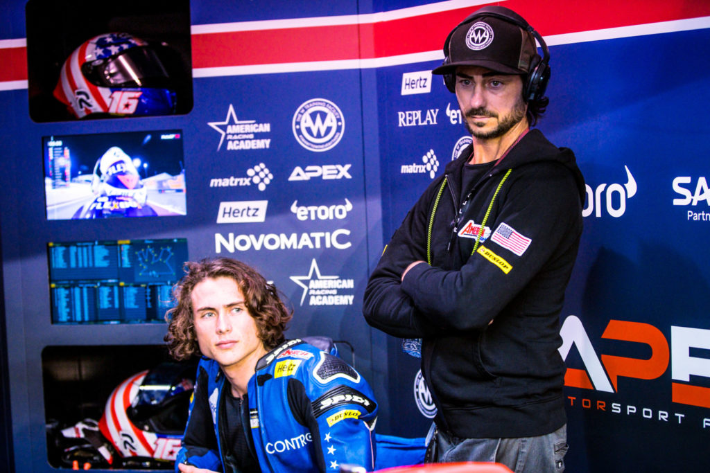 Joe Roberts (left) with John Hopkins (right) in the team garage at Losail International Circuit, in Qatar. Photo courtesy of American Racing Team.