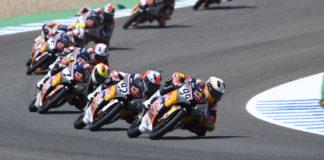 Action from a Red Bull MotoGP Rookies Cup race at Jerez in 2019. Photo by GEPA Pictures, courtesy of Red Bull.