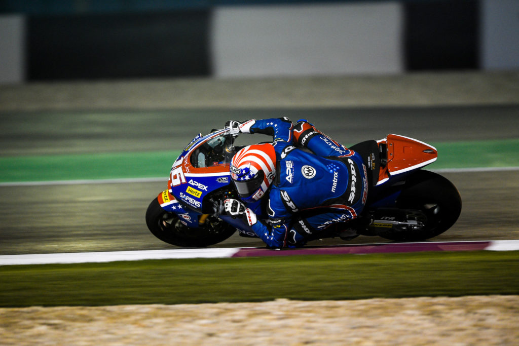 Joe Roberts (16) on his American Racing Team Kalex during the 2020 Moto2 World Championship opening round at Losail International Circuit, in Qatar. Photo courtesy of American Racing Team.