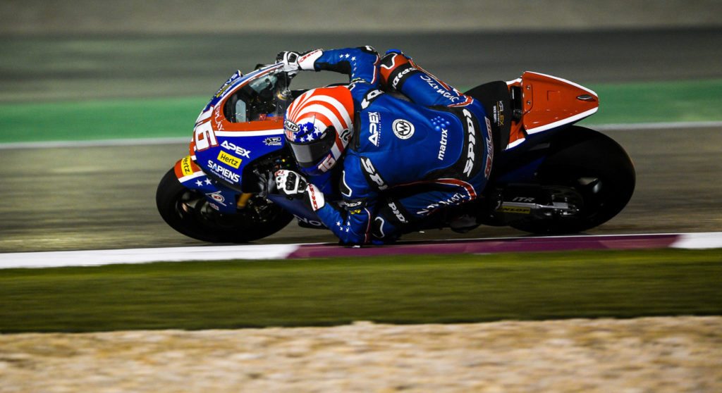 Joe Roberts (16) in action during the 2020 Moto2 World Championship opening round at Losail International Circuit, in Qatar. Photo courtesy American Racing Team.