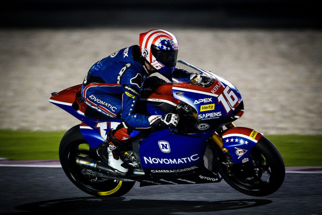 Joe Roberts (16) in action during the 2020 Moto2 World Championship opening round at Losail International Circuit, in Qatar. Photo courtesy of American Racing Team.