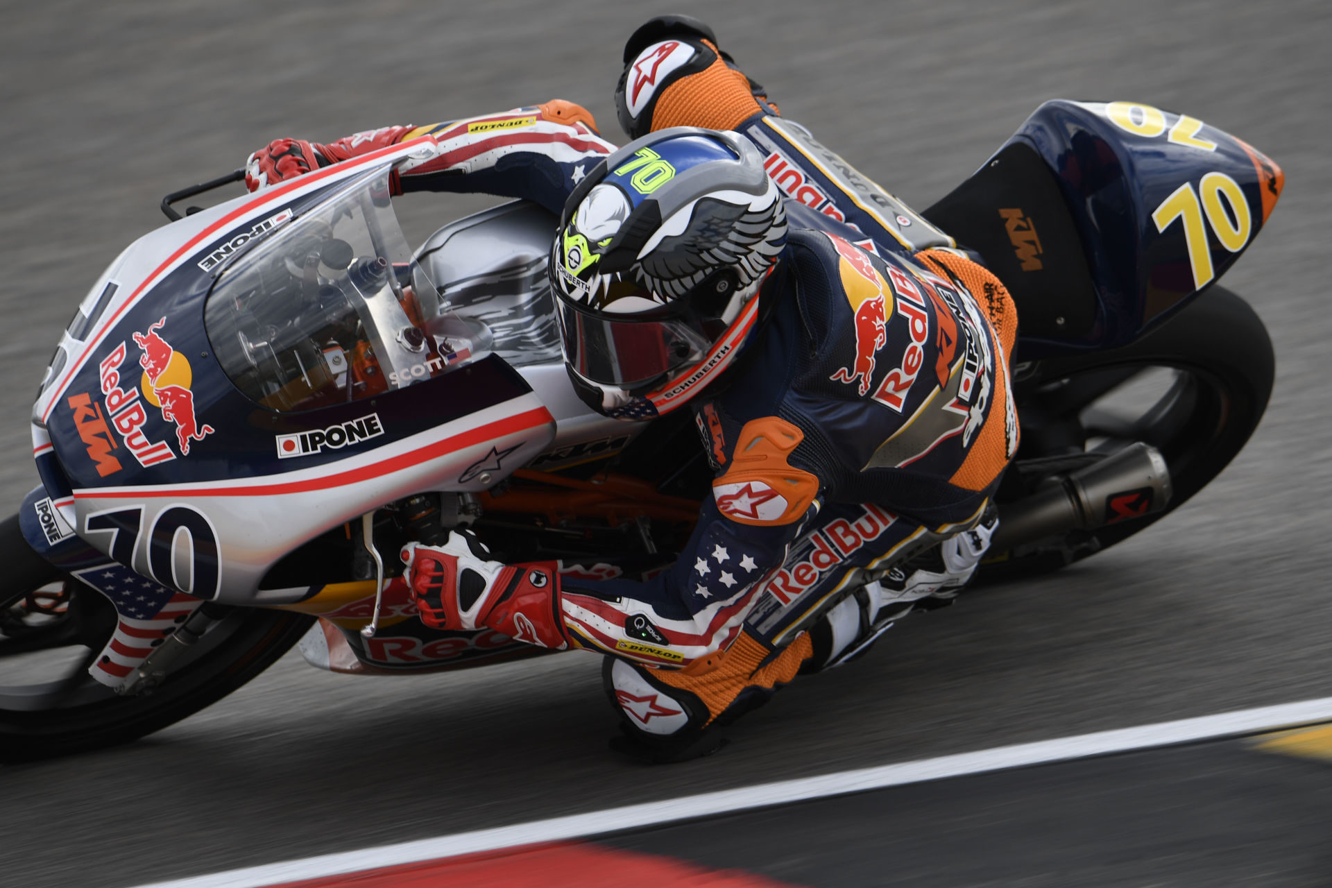 Tyler Scott (70) at speed during the 2019 Red Bull MotoGP Rookies Cup. Photo by GEPA Pictures, courtesy of Red Bull.