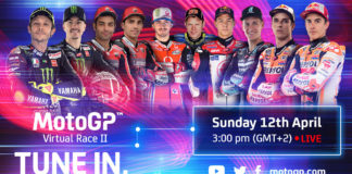 MotoGP: Second #StayAtHomeGP Virtual Race Scheduled April 12 Riders scheduled to take part in MotoGP Virtual Race Two include (from left): Valentino Rossi, Maverick Vinales, Danilo Petrucci, Michele Pirro, Francesco Bagnaia, Tito Rabat, Takaaki Nakagami, Fabio Quartararo, Alex Marquez, and Marc Marquez. Image courtesy of Dorna.
