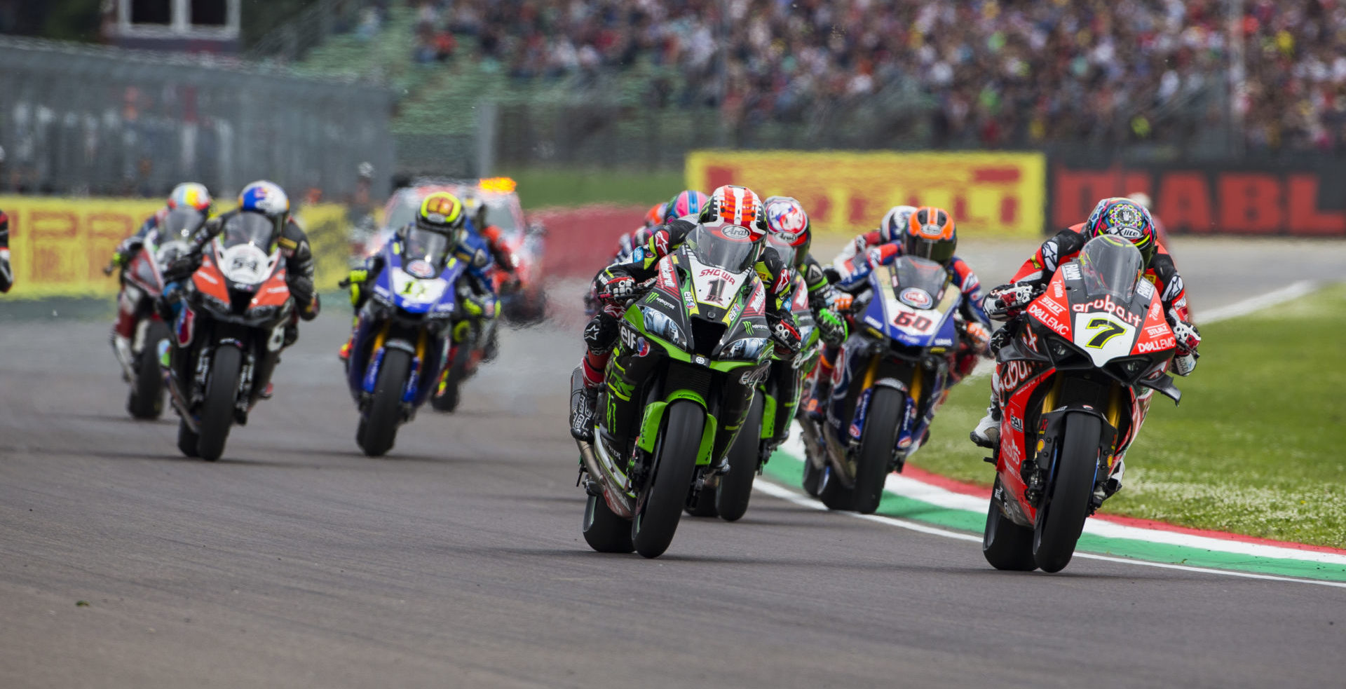 Action from World Superbike Race One at Imola in 2019. Photo courtesy of Kawasaki.