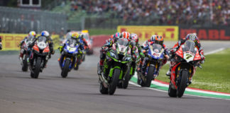 Action from World Superbike Race One at Imola in 2019. Photo courtesy of Kawasaki.