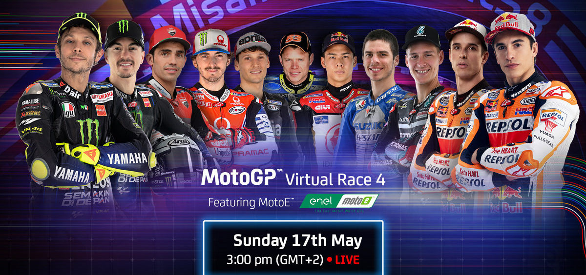 MotoGP Virtual Race 4 is scheduled to include (from left) Valentino Rossi , Maverick Vinales, Michele Pirro, Francesco Bagnaia, Lorenzo Savadori, Tito Rabat, Takaaki Nakagami, Joan Mir, Fabio Quartararo, Alex Marquez, and Marc Marquez. Image courtesy of Dorna