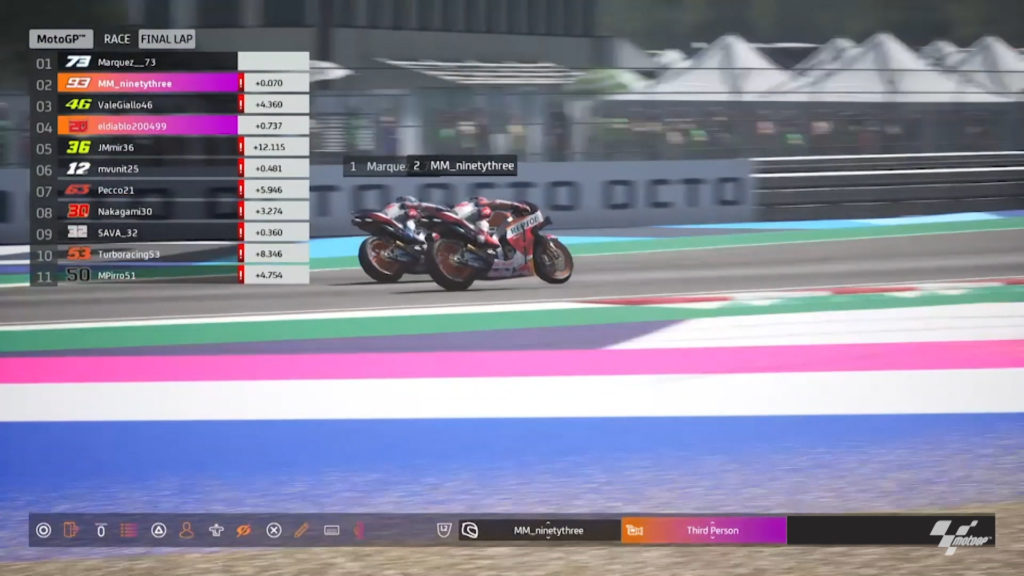 Marc Marquez and Alex Marquez in the final corner on the final lap of Virtual Race 4. Image courtesy Dorna.
