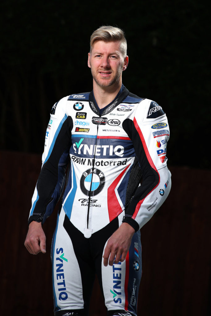 Ian Hutchinson in his new Synetiq-branded leathers. Photo by Double Red Photographic, courtesy BMW Motorrad Motorsport.