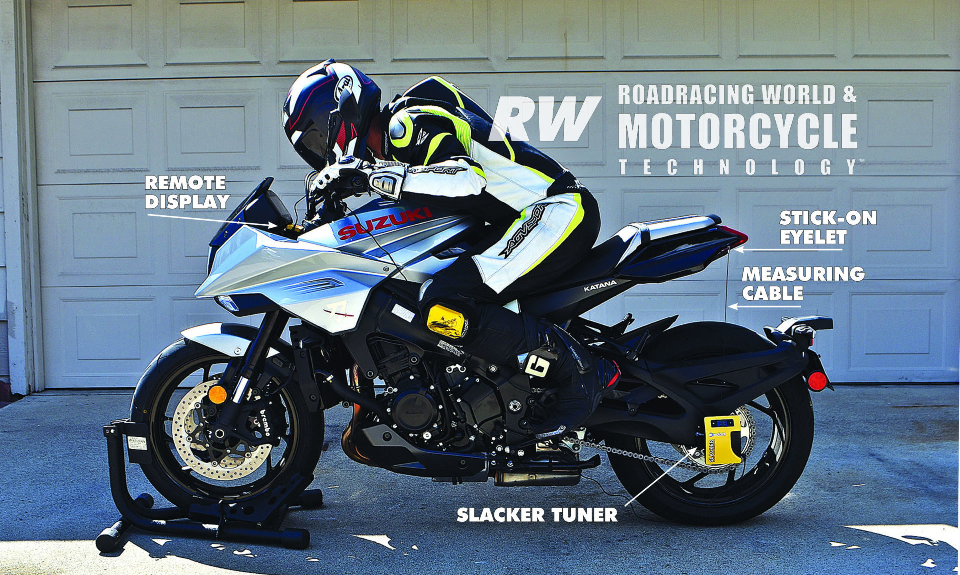 Measuring rear sag on a Katana using a Baxley Sport Chock to hold the bike upright, a Slacker Tuner attached to the rear axle, and a remote display tucked in front of the dashboard, visible to the rider. Photos by Sandy Gougis.