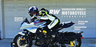 Measuring rear sag on a Katana using a Baxley Sport Chock to hold the bike upright, a Slacker Tuner attached to the rear axle, and a remote display tucked in front of the dashboard, visible to the rider. Photos by Sandy Gougis.