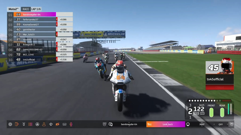 Action from the virtual Moto2 race at Silverstone. Image courtesy Dorna.