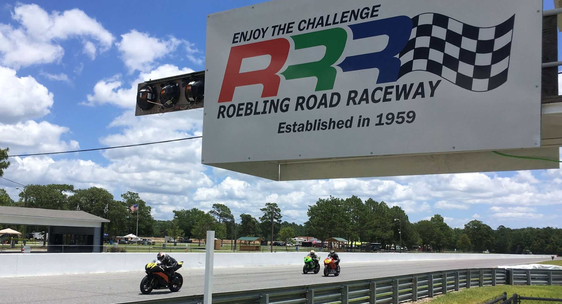 Motorcycles at speed at Roebling Road Raceway. Photo courtesy of Roebling Road Raceway.