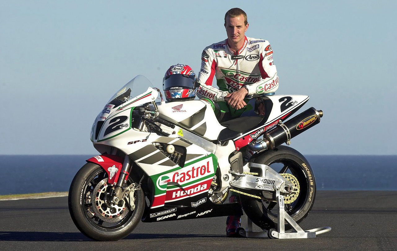 Colin Edwards and his Honda VTR1000SP2, a.k.a. RC51, at the start of the 2002 season. Photo courtesy of Honda Racing Corporation (HRC).