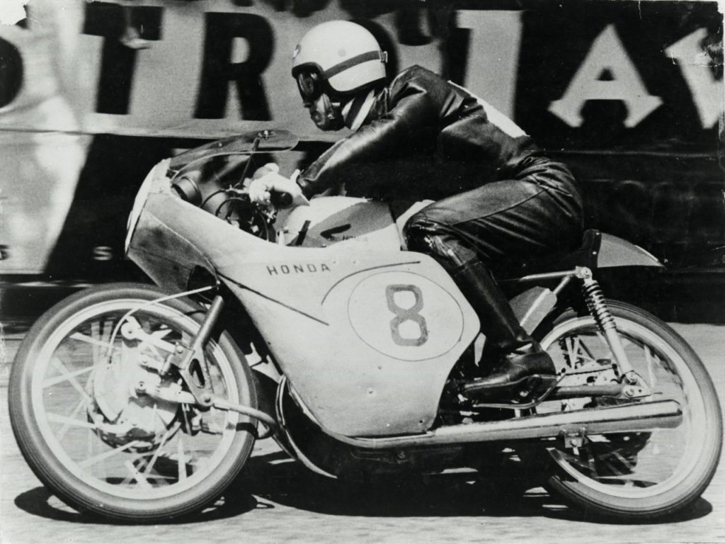 Naomi Taniguchi (8) at speed on his Honda RC142 Grand Prix racebike at the Isle of Man TT in 1959. Photo courtesy Honda Pro Racing.