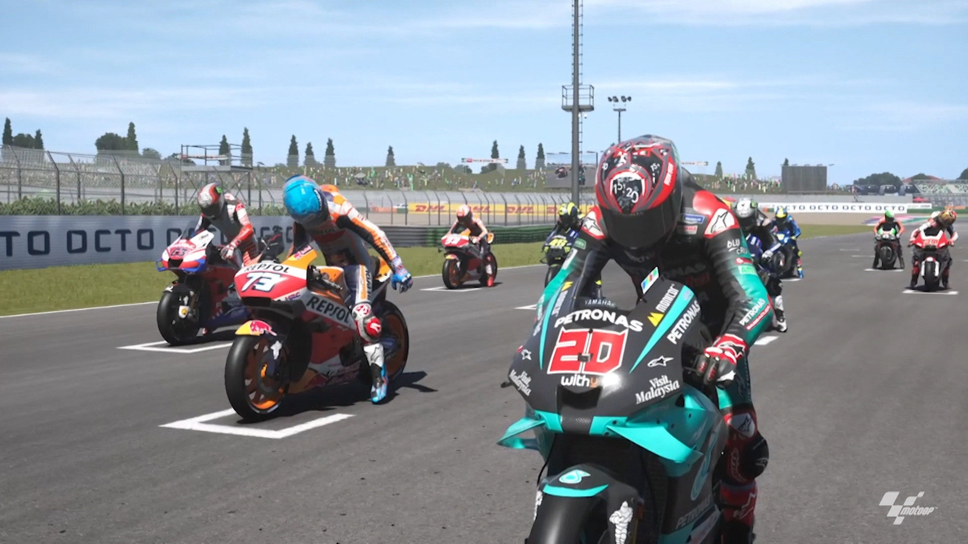 MotoGP riders on the starting grid for Virtual Race 4 at Misano. Image courtesy Dorna.