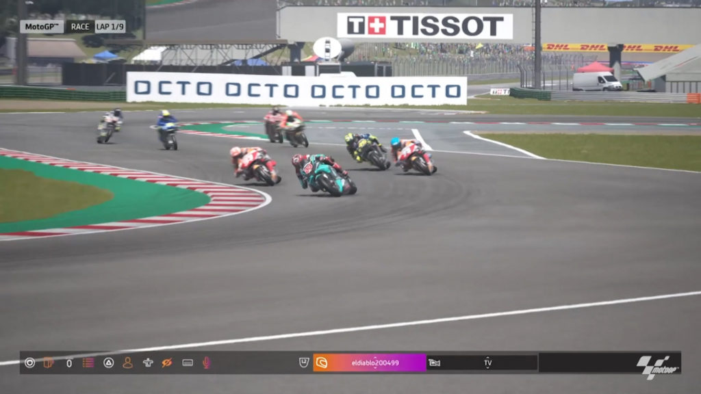 Fabio Quartararo (20) leads the field early in Virtual Race Four, at Misano. Image courtesy  Dorna.