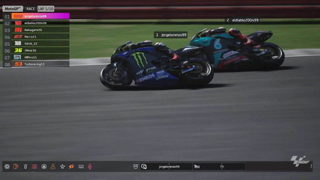 Jorge Lorenzo and Fabio Quartararo battling virtually at Silverstone. Image courtesy Dorna.